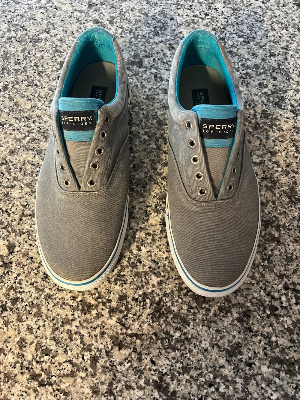 Sperry Gray Canvas Slip-On Boat Shoes with Teal Lining